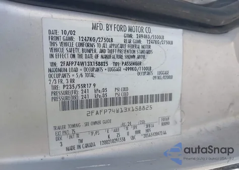 2003 Ford Crown Victoria Lx из США, поврежденный, VIN 2FAFP74W13X158825